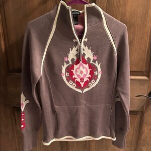 Athleta taupe sweater with pink/red/cream design